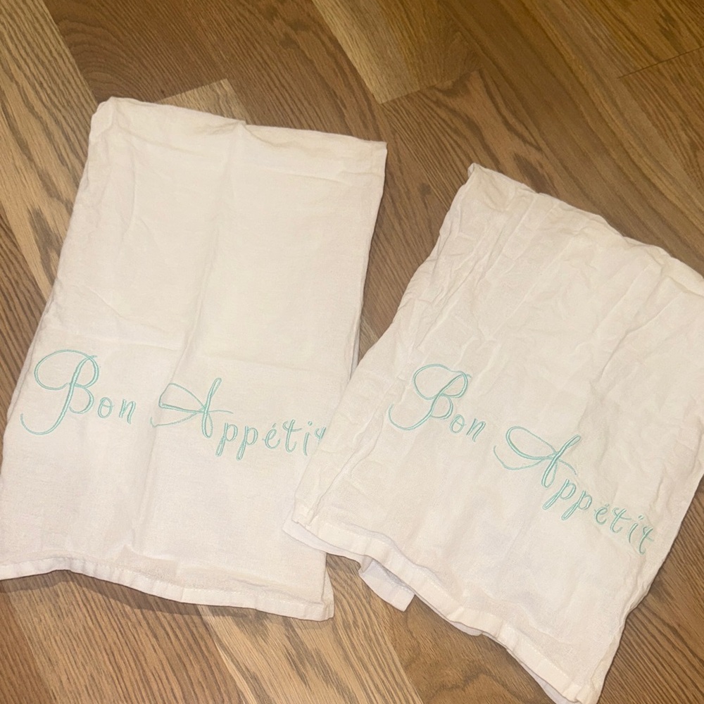 Linen Kitchen Towels with Embroidered Bon Appetit Text